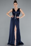 Long Navy Blue Satin Prom Gown ABU4669