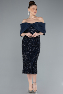 Navy Blue Boat Neck Midi Sequined Cocktail Dress ABK2257