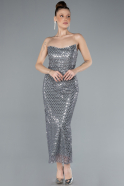 Grey Strapless Midi Sequined Cocktail Dress ABK2258