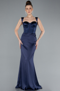 Long Navy Blue Satin Mermaid Prom Dress ABU4665