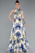 Very Colorful Halter Neck Cut Out Long Printed Satin Evening Gown ABU4686