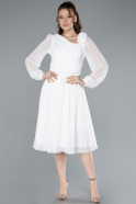 White Long Sleeve Midi Chiffon Cocktail Dress ABK2268