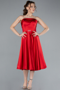 Red Strapless Belted Midi Satin Party Dress ABK2269