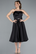 Black Strapless Belted Midi Satin Party Dress ABK2269