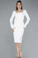 White Long Sleeve Square Neck Midi Invitation Dress ABK2271