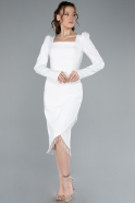 White Long Sleeve Square Neck Midi Cocktail Dress ABK2272