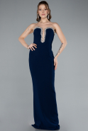 Navy Blue Stoned Strapless Neck Long Mermaid Evening Gown ABU4687