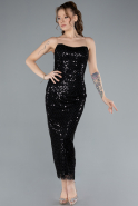 Black Strapless Beaded Midi Cocktail Dress ABK2260