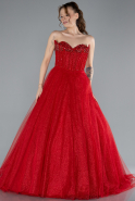 Red Stoned Strapless Underwire Long Silvery Ball Gown ABU4689