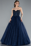 Navy Blue Stoned Strapless Underwire Long Silvery Ball Gown ABU4689