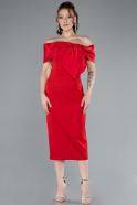 Red Boat Neck Midi Cocktail Dress ABK2263