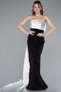 Black-White Strapless Satin Train Evening Gown ABU4690