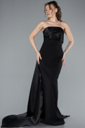 Black Strapless Satin Train Evening Gown ABU4690