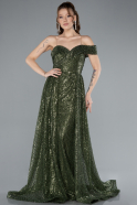 Olive Drab One Shoulder Taıled Sequined Long Evening Gown ABU4691