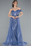 Indigo One Shoulder Taıled Sequined Long Evening Gown ABU4691