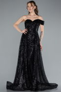 Black One Shoulder Taıled Sequined Long Evening Gown ABU4691