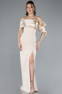 Beige Off Shoulder Satin Drape Slit Evening Gown ABU4024