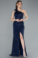 Navy Blue One Shoulder Slit Long Sequin Evening Gown ABU4694