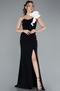 Black-White Rose One Shoulder Slit Long Evening Gown ABU4695