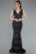 Black Sleeveless V Neck Long Stone Mermaid Evening Gown ABU4698