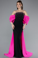 Fuchsia-Black Beaded Strapless Train Long Evening Gown ABU4701