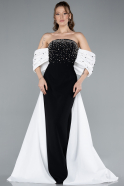 Black-White Beaded Strapless Train Long Evening Gown ABU4701