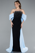 Black-Blue Beaded Strapless Train Long Evening Gown ABU4701