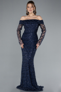 Navy Blue Off The Shoulder Long Sleeve Stone Mermaid Evening Gown ABU4710