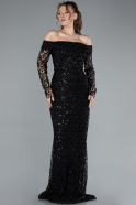 Black Off The Shoulder Long Sleeve Stone Mermaid Evening Gown ABU4710