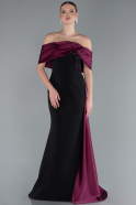 Black-Plum Satin Stone Boat Neck Tail Long Evening Gown ABU4728