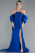 Sax Blue Stoned Strapless Slit Tail Long Evening Gown ABU4736