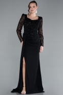Black Stoned Long Sleeve Slit Chiffon Evening Gown ABU4732