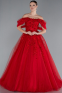 Red Boat Neck Embroidered Long Special Design Princess Dress ABU4720