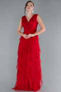 Red V Neck Layered Tulle Long Prom Dress ABU4723