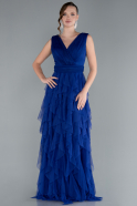 Sax Blue V Neck Layered Tulle Long Prom Dress ABU4723