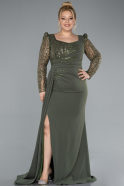 Olive Drab Stoned Long Sleeve Slit Chiffon Formal Plus Size Dress ABU4733
