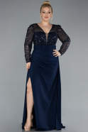 Navy Blue Sequined Long Sleeve Tail Plus Size Evening Gown ABU4711
