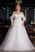White Floral Boat Neck Glitter Long Plus Size Wedding Dress ABG099