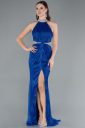 Sax Blue Halter Neck Slit Long Glitter Mermaid Evening Gown ABU4766