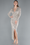 Beige Long Sleeve Neck Sequin Midi Cocktail Dress ABK2284