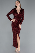 Burgundy Long Sleeve Neck Sequin Midi Cocktail Dress ABK2284