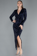 Navy Blue Long Sleeve Neck Sequin Midi Cocktail Dress ABK2284