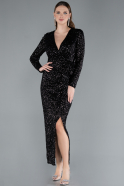 Black Long Sleeve Neck Sequin Midi Cocktail Dress ABK2284