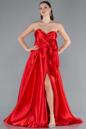 Red Strapless High Slit Long Satin Graduation Prom Dress ABU4774