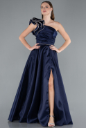 Navy Blue One Shoulder High Slit Long Taffeta Prom Evening Dress ABU4782