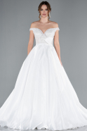 White Pearled Boat Neck Long Satin Wedding Dress ABG091