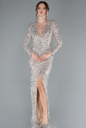Beige Long Sleeve V Neck Scaly Evening Gown ABU4763