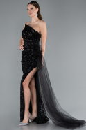 Black Strapless Slit Long Train Sequin Mermaid Evening Gown ABU4772
