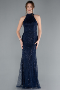 Navy Blue Halter Neck Beaded Long Mermaid Evening Gown ABU4777