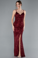 Burgundy Straps Slit Long Sequined Evening Prom Dress ABU4780